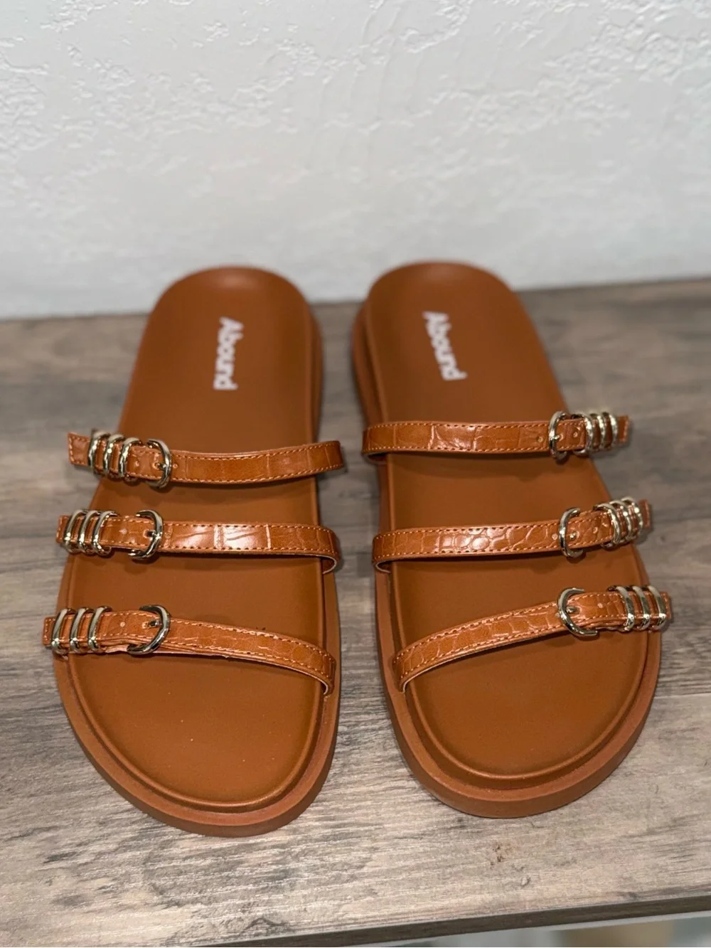 Abound Triple Buckle Slide Sandals in Cognac Brown